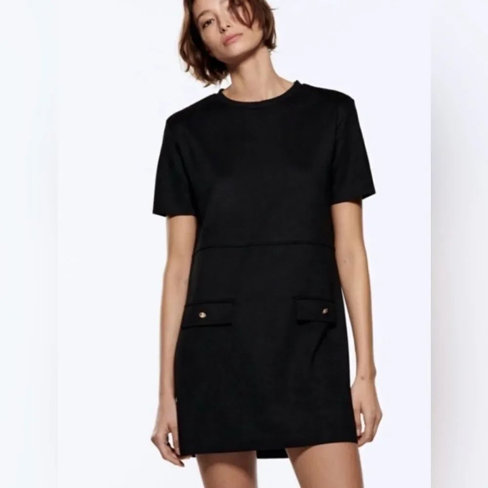 ZARA S Black Faux Suede Short Sleeve Dress with Gold Tone Buttons